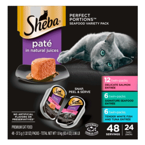 SHEBA Wet Cat Food Pate Variety Pack, Signature Seafood, Delicate Salmon and Tender Whitefish & Tuna Entrees, 2.6 oz. PERFECT PORTIONS Twin-Pack Trays